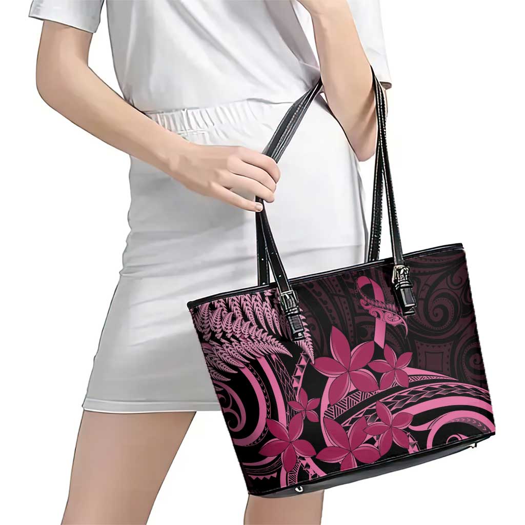 Aotearoa Maori Leather Tote Bag Pink Fern Ribbons on Black - Aussie Hoodie