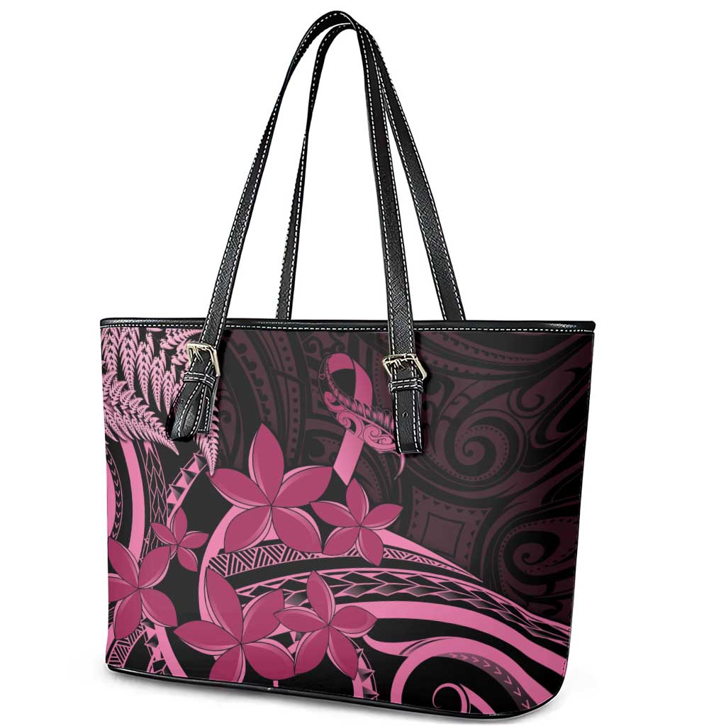 Aotearoa Maori Leather Tote Bag Pink Fern Ribbons on Black - Aussie Hoodie