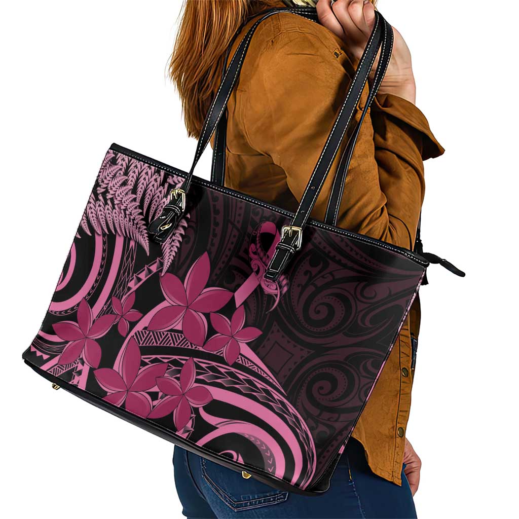 Aotearoa Maori Leather Tote Bag Pink Fern Ribbons on Black - Aussie Hoodie