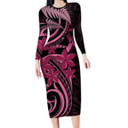 Aotearoa Maori Long Sleeve Bodycon Dress Pink Fern Ribbons on Black - Aussie Hoodie