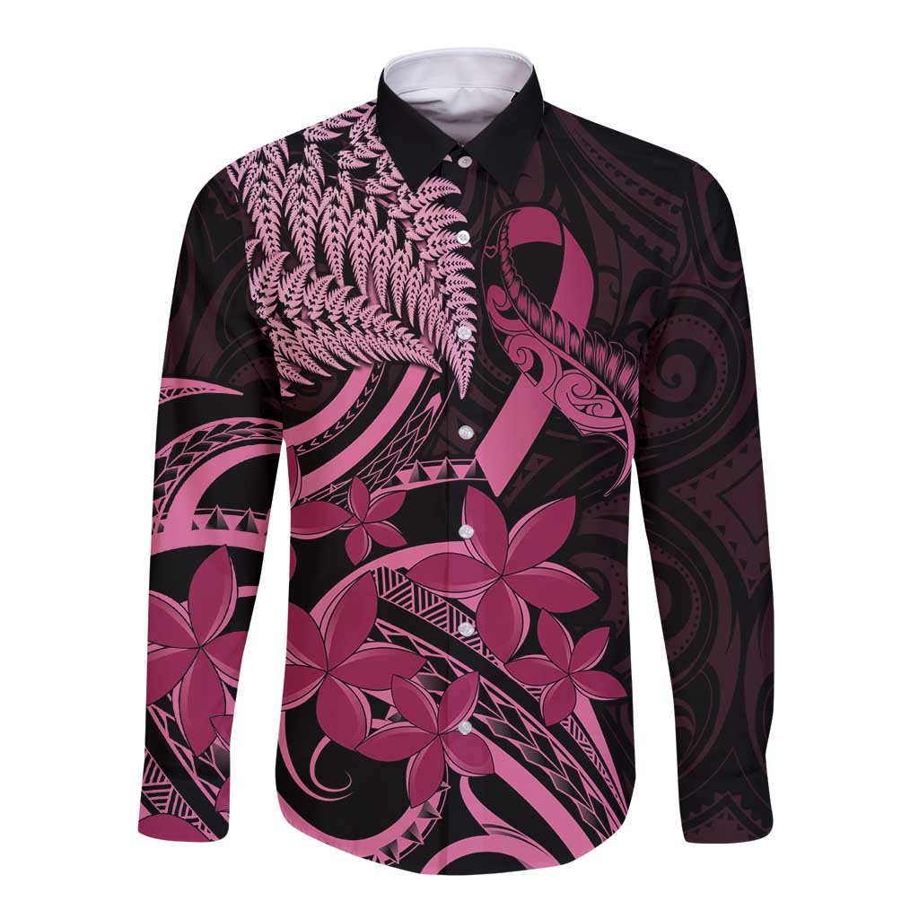 Aotearoa Maori Long Sleeve Button Shirt Pink Fern Ribbons on Black - Aussie Hoodie