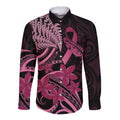 Aotearoa Maori Long Sleeve Button Shirt Pink Fern Ribbons on Black - Aussie Hoodie