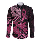 Aotearoa Maori Long Sleeve Button Shirt Pink Fern Ribbons on Black - Aussie Hoodie