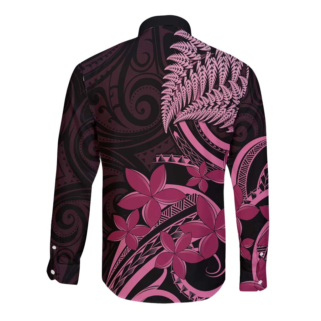 Aotearoa Maori Long Sleeve Button Shirt Pink Fern Ribbons on Black - Aussie Hoodie