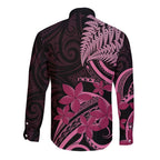 Aotearoa Maori Long Sleeve Button Shirt Pink Fern Ribbons on Black - Aussie Hoodie