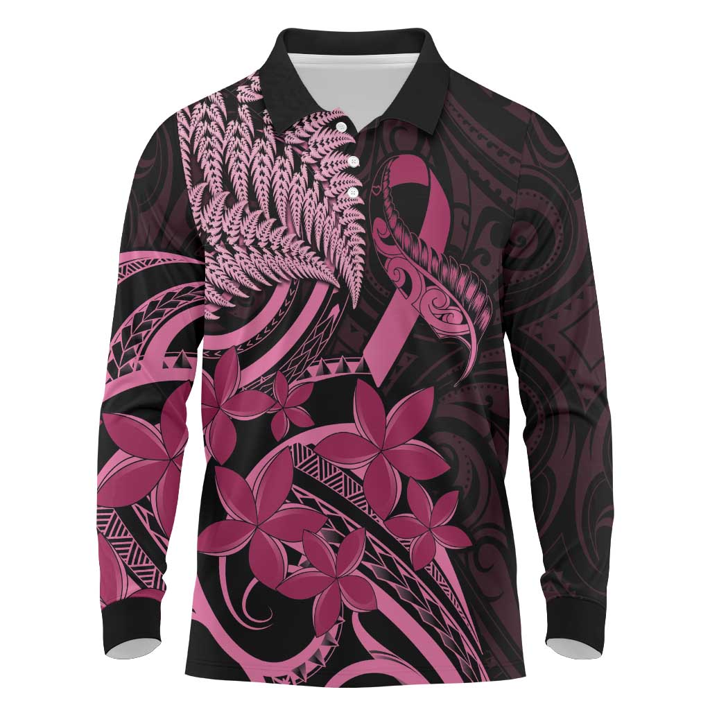 Aotearoa Maori Long Sleeve Polo Shirt Pink Fern Ribbons on Black - Aussie Hoodie