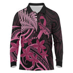 Aotearoa Maori Long Sleeve Polo Shirt Pink Fern Ribbons on Black - Aussie Hoodie