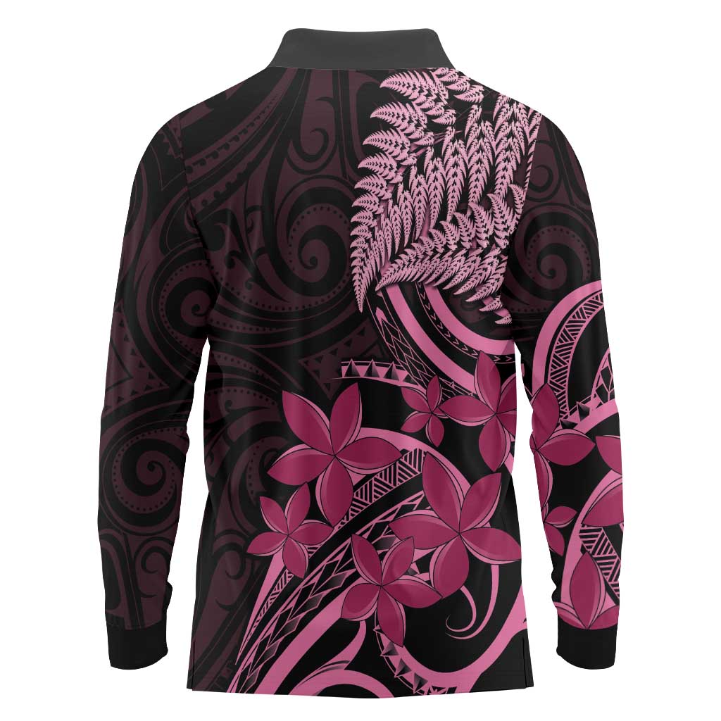 Aotearoa Maori Long Sleeve Polo Shirt Pink Fern Ribbons on Black - Aussie Hoodie