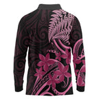Aotearoa Maori Long Sleeve Polo Shirt Pink Fern Ribbons on Black - Aussie Hoodie