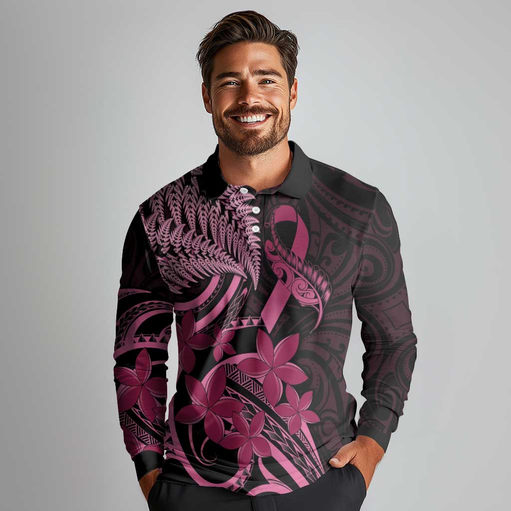 Aotearoa Maori Long Sleeve Polo Shirt Pink Fern Ribbons on Black - Aussie Hoodie