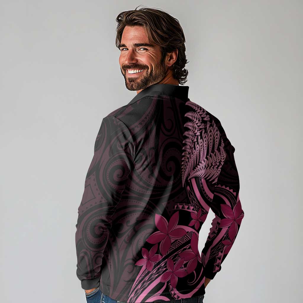 Aotearoa Maori Long Sleeve Polo Shirt Pink Fern Ribbons on Black - Aussie Hoodie