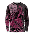 Aotearoa Maori Long Sleeve Shirt Pink Fern Ribbons on Black - Aussie Hoodie
