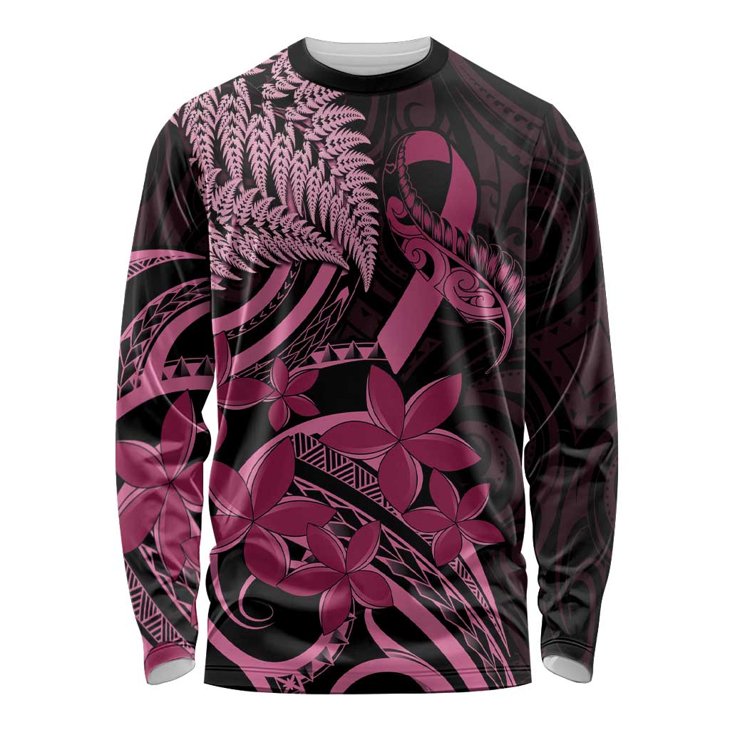 Aotearoa Maori Long Sleeve Shirt Pink Fern Ribbons on Black - Aussie Hoodie