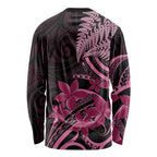 Aotearoa Maori Long Sleeve Shirt Pink Fern Ribbons on Black - Aussie Hoodie