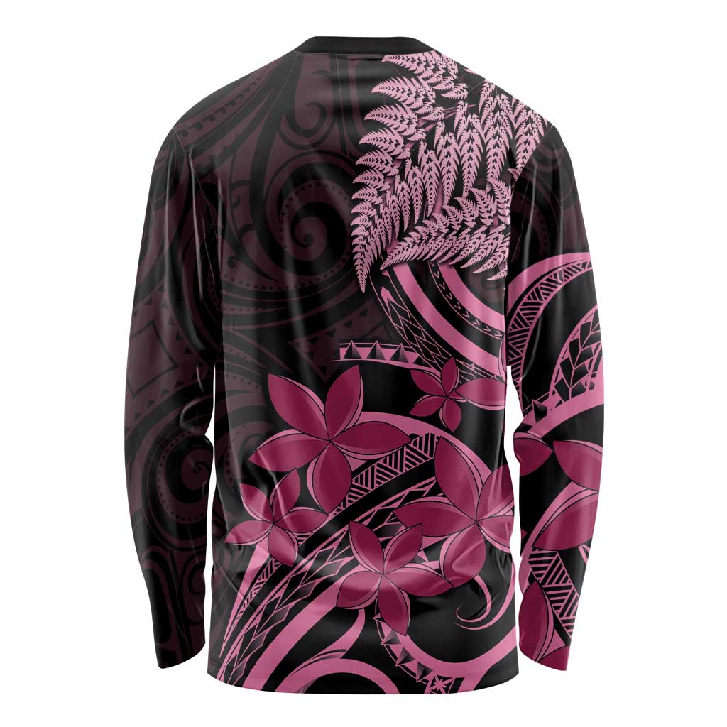 Aotearoa Maori Long Sleeve Shirt Pink Fern Ribbons on Black - Aussie Hoodie