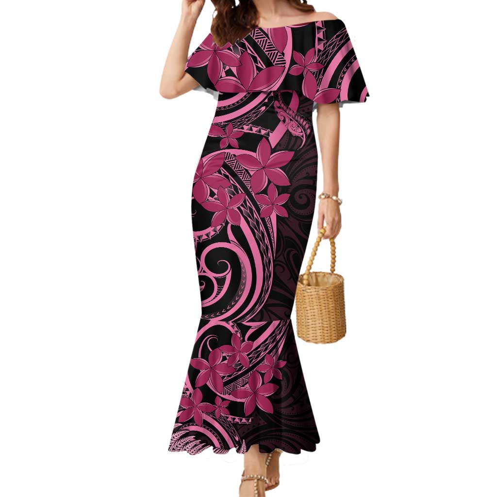 Aotearoa Maori Mermaid Dress Pink Fern Ribbons on Black - Aussie Hoodie