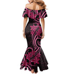 Aotearoa Maori Mermaid Dress Pink Fern Ribbons on Black - Aussie Hoodie