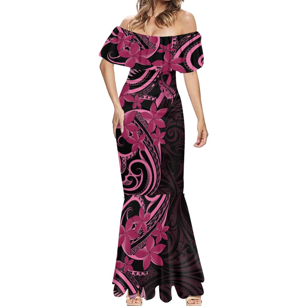 Aotearoa Maori Mermaid Dress Pink Fern Ribbons on Black - Aussie Hoodie