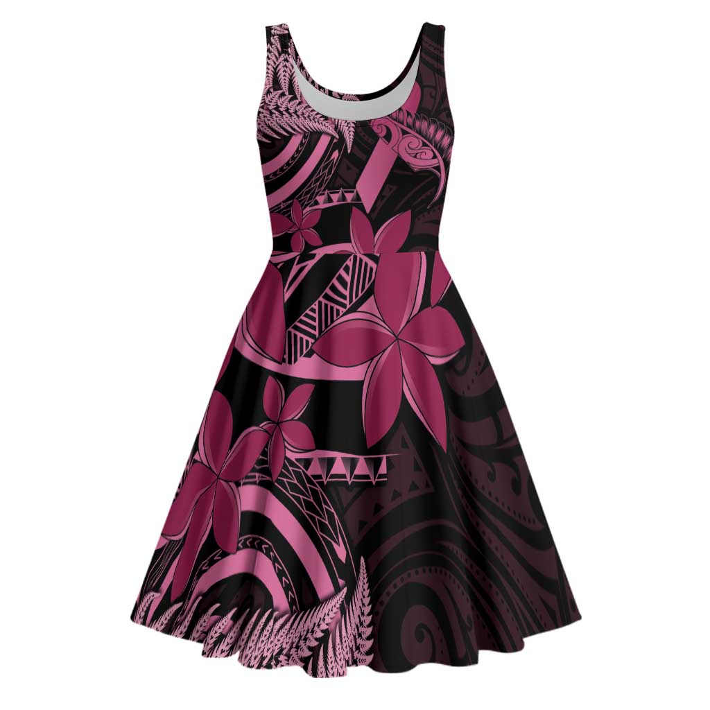 Aotearoa Maori Midi Dress Pink Fern Ribbons on Black - Aussie Hoodie