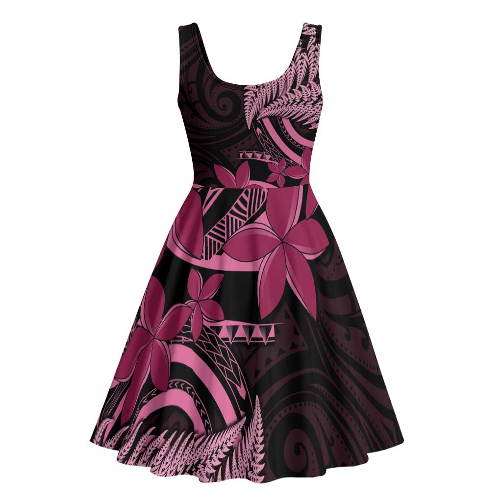 Aotearoa Maori Midi Dress Pink Fern Ribbons on Black - Aussie Hoodie