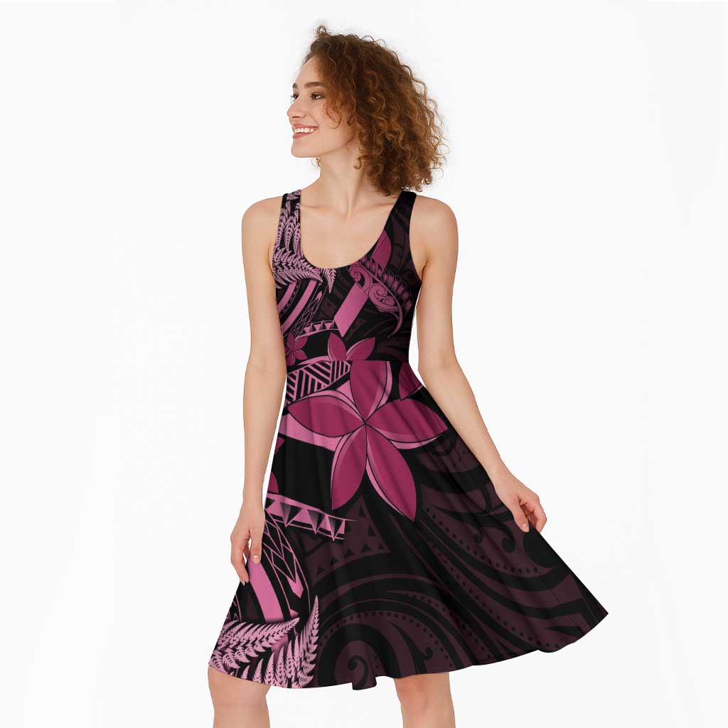 Aotearoa Maori Midi Dress Pink Fern Ribbons on Black - Aussie Hoodie