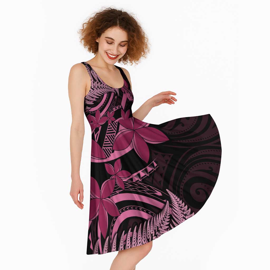 Aotearoa Maori Midi Dress Pink Fern Ribbons on Black - Aussie Hoodie