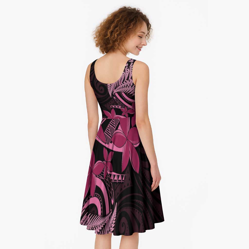Aotearoa Maori Midi Dress Pink Fern Ribbons on Black - Aussie Hoodie