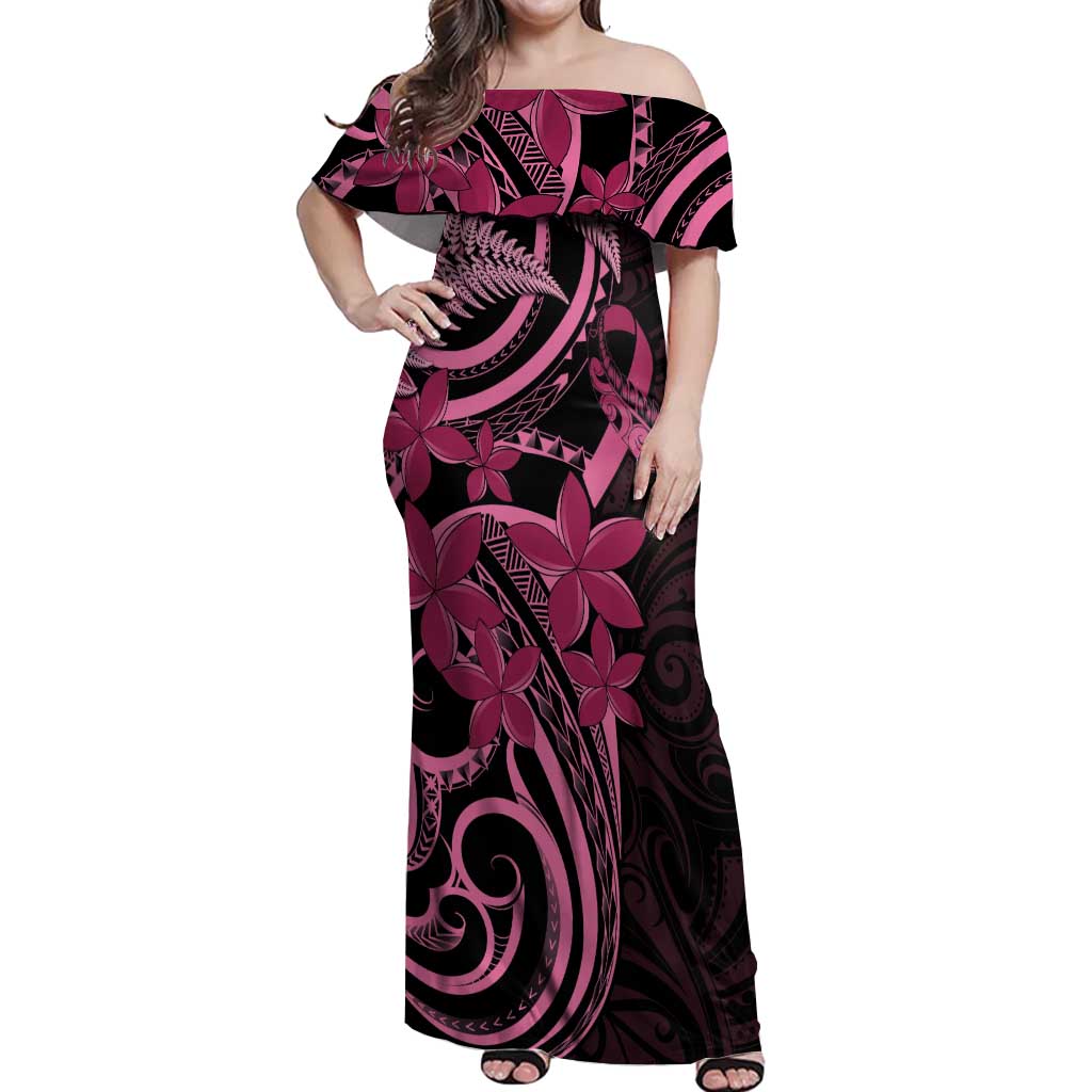 Aotearoa Maori Off Shoulder Maxi Dress Pink Fern Ribbons on Black - Aussie Hoodie