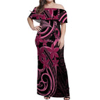 Aotearoa Maori Off Shoulder Maxi Dress Pink Fern Ribbons on Black - Aussie Hoodie