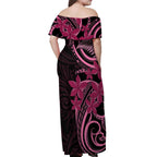 Aotearoa Maori Off Shoulder Maxi Dress Pink Fern Ribbons on Black - Aussie Hoodie