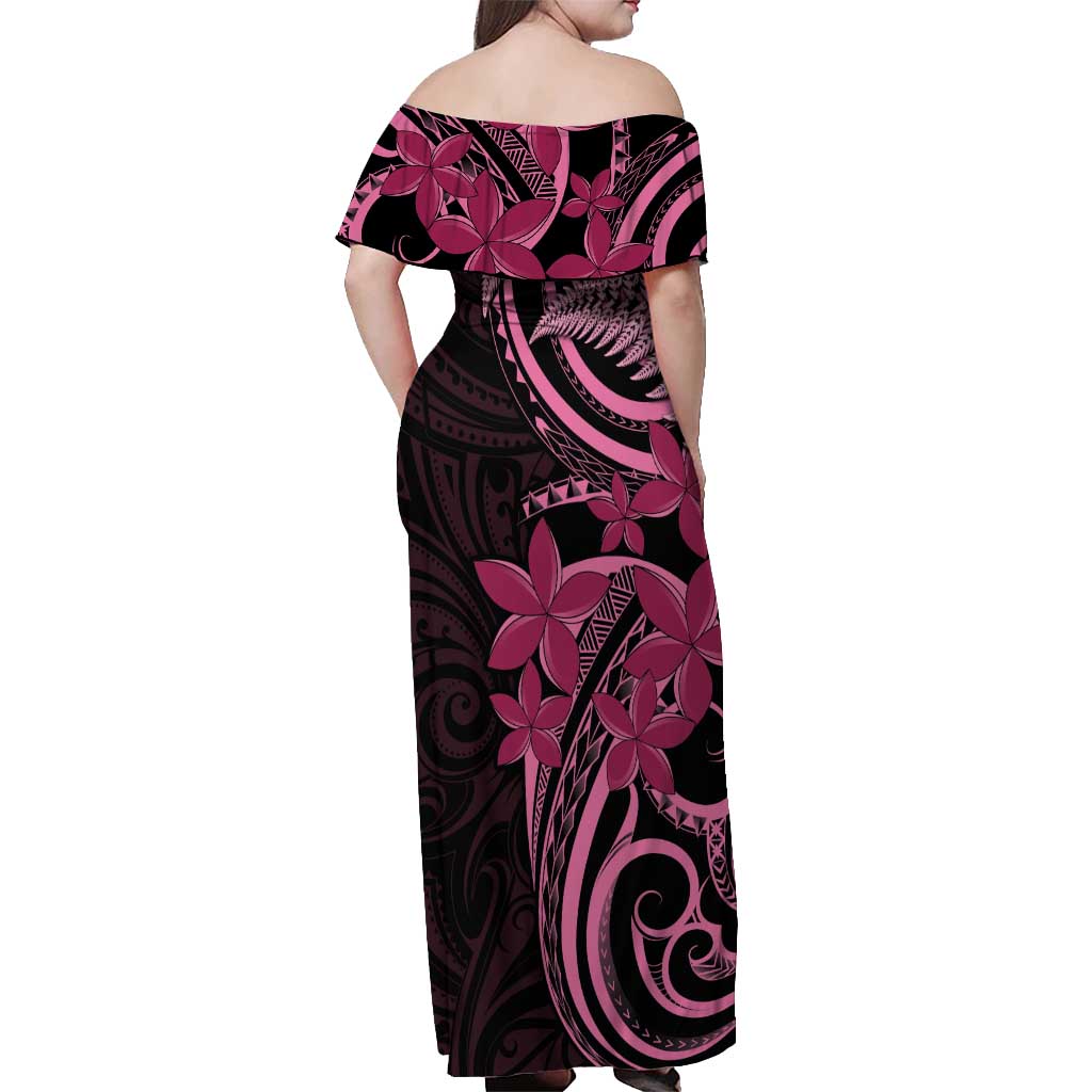Aotearoa Maori Off Shoulder Maxi Dress Pink Fern Ribbons on Black - Aussie Hoodie