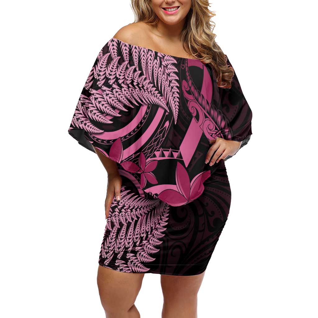 Aotearoa Maori Off Shoulder Short Dress Pink Fern Ribbons on Black - Aussie Hoodie