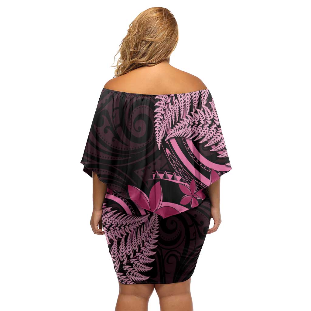 Aotearoa Maori Off Shoulder Short Dress Pink Fern Ribbons on Black - Aussie Hoodie