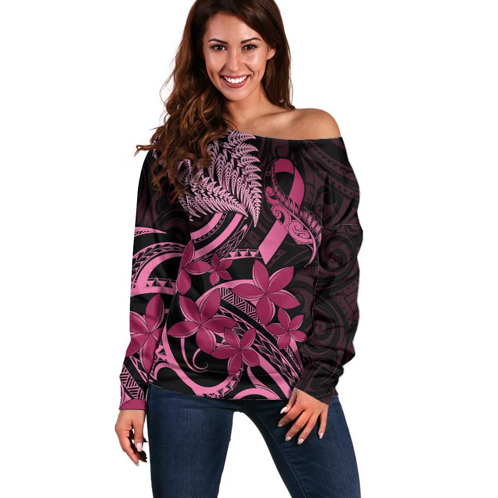 Aotearoa Maori Off Shoulder Sweater Pink Fern Ribbons on Black - Aussie Hoodie