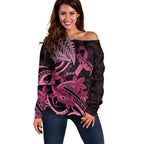 Aotearoa Maori Off Shoulder Sweater Pink Fern Ribbons on Black - Aussie Hoodie