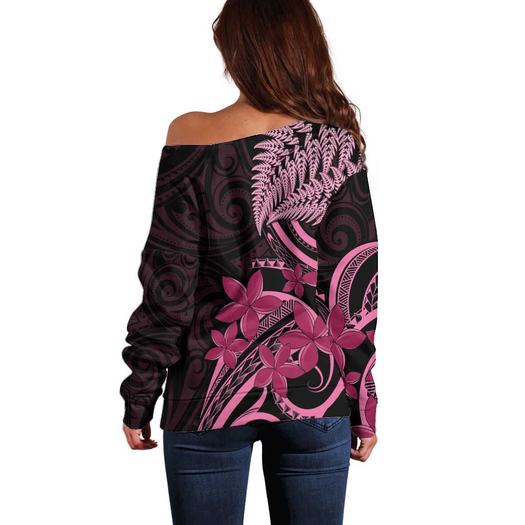 Aotearoa Maori Off Shoulder Sweater Pink Fern Ribbons on Black - Aussie Hoodie