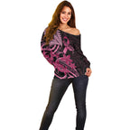 Aotearoa Maori Off Shoulder Sweater Pink Fern Ribbons on Black - Aussie Hoodie
