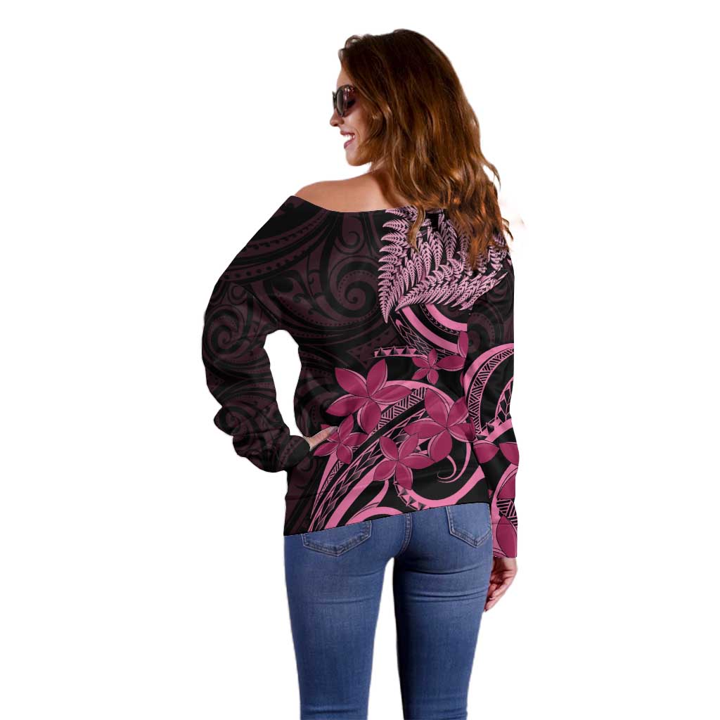Aotearoa Maori Off Shoulder Sweater Pink Fern Ribbons on Black - Aussie Hoodie