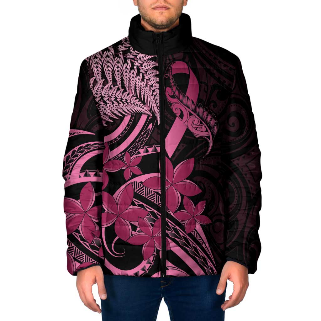 Aotearoa Maori Padded Jacket Pink Fern Ribbons on Black - Aussie Hoodie
