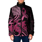 Aotearoa Maori Padded Jacket Pink Fern Ribbons on Black - Aussie Hoodie