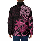 Aotearoa Maori Padded Jacket Pink Fern Ribbons on Black - Aussie Hoodie