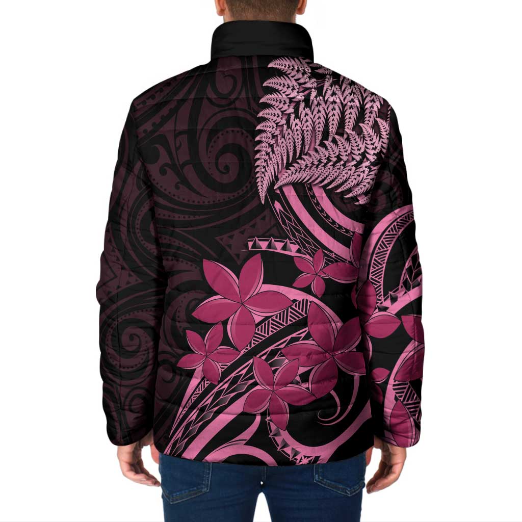 Aotearoa Maori Padded Jacket Pink Fern Ribbons on Black - Aussie Hoodie