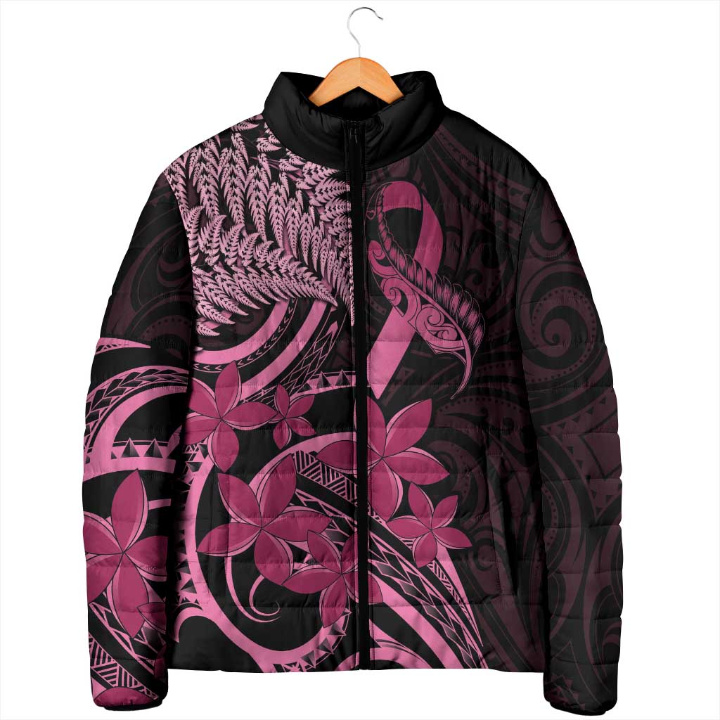 Aotearoa Maori Padded Jacket Pink Fern Ribbons on Black - Aussie Hoodie