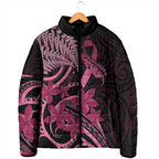 Aotearoa Maori Padded Jacket Pink Fern Ribbons on Black - Aussie Hoodie