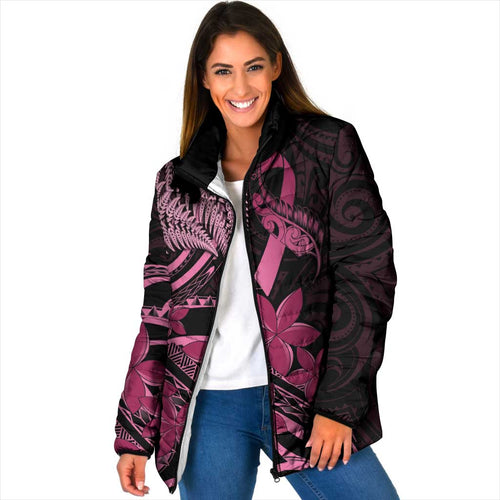 Aotearoa Maori Padded Jacket Pink Fern Ribbons on Black - Aussie Hoodie