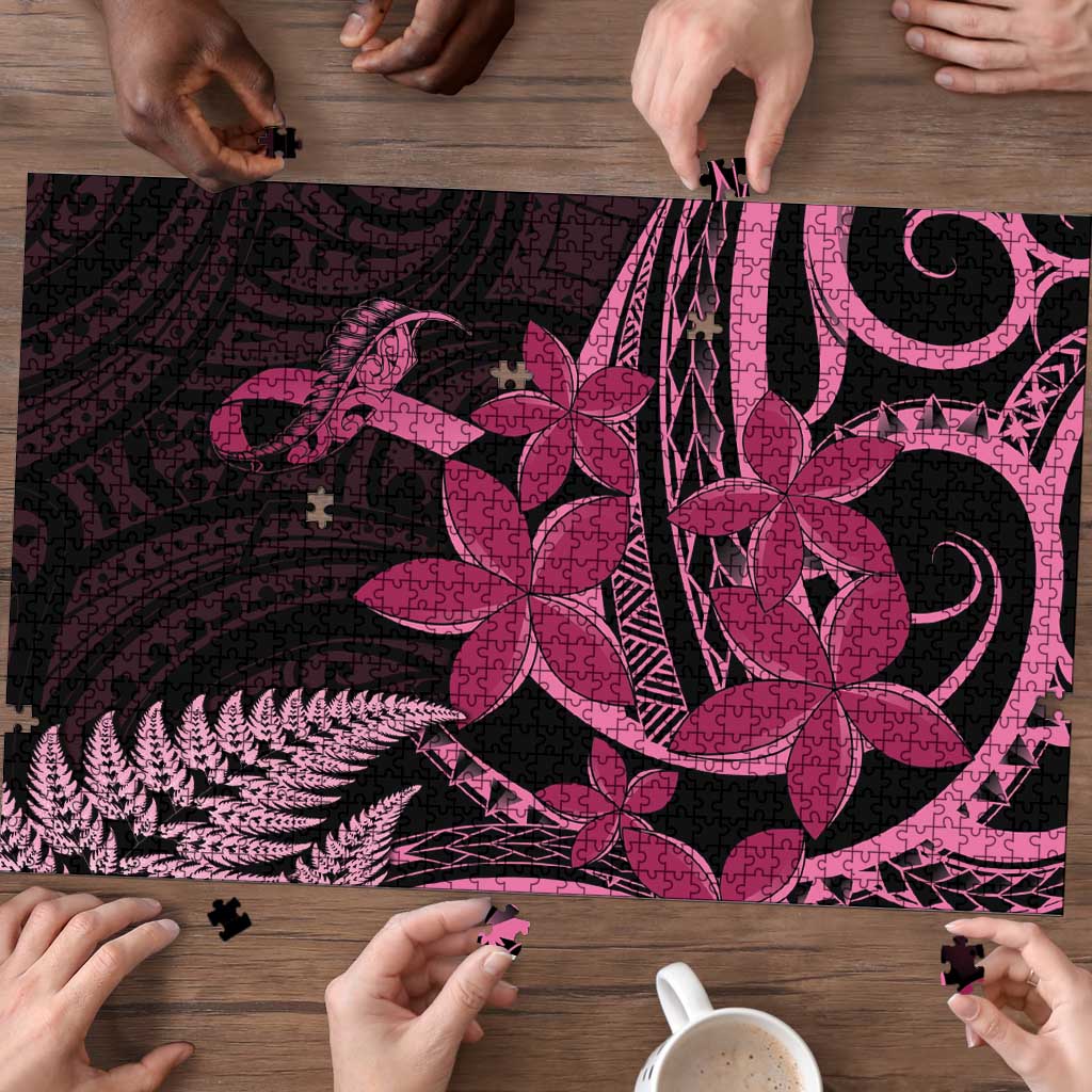 Aotearoa Maori Puzzle Pink Fern Ribbons on Black - Aussie Hoodie