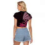 Aotearoa Maori Raglan Cropped T Shirt Pink Fern Ribbons on Black - Aussie Hoodie