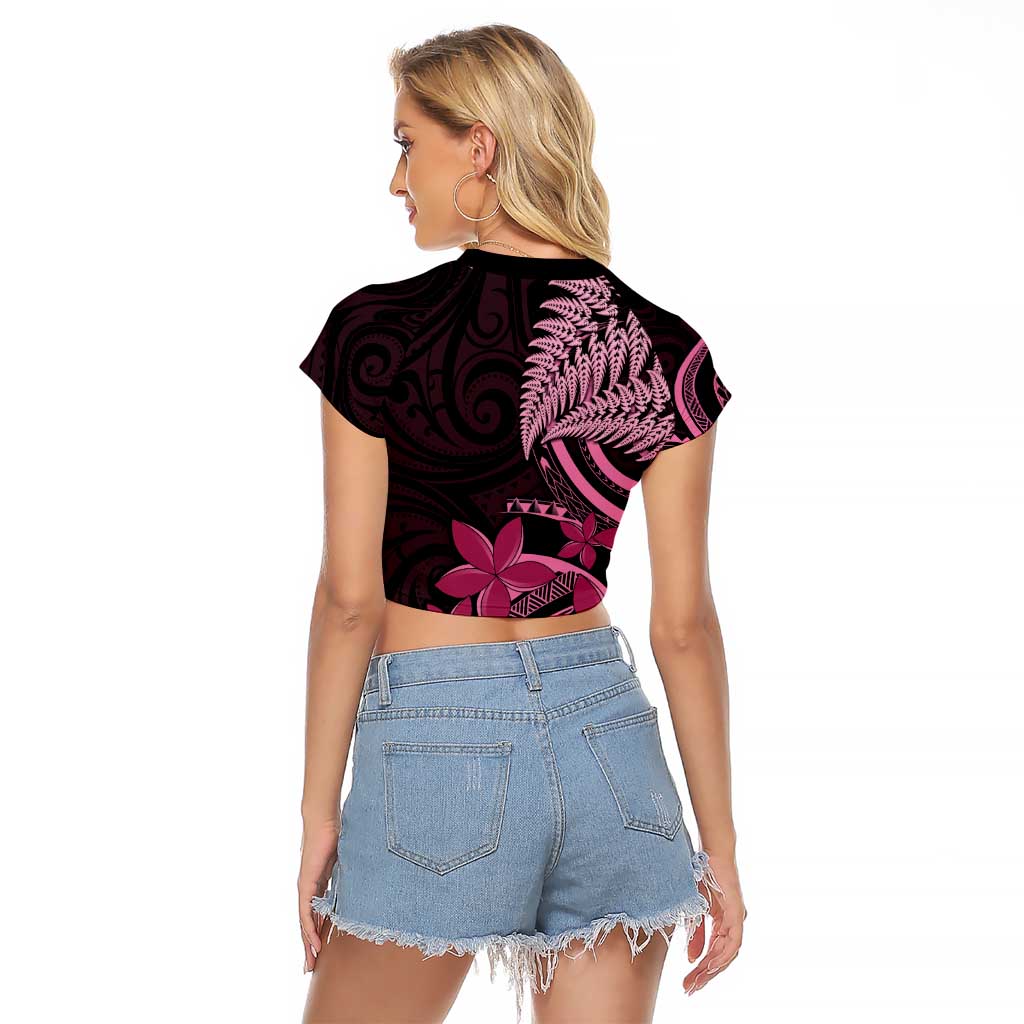 Aotearoa Maori Raglan Cropped T Shirt Pink Fern Ribbons on Black - Aussie Hoodie