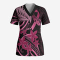 Aotearoa Maori Scrub Top Pink Fern Ribbons on Black - Aussie Hoodie
