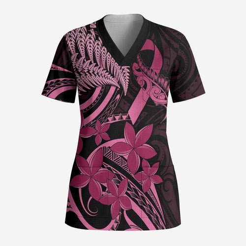 Aotearoa Maori Scrub Top Pink Fern Ribbons on Black - Aussie Hoodie